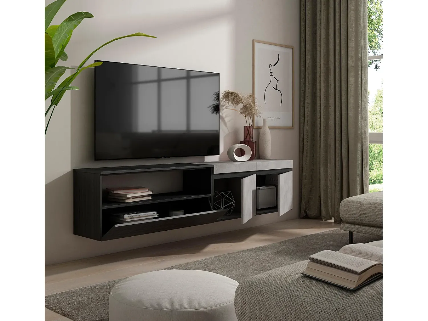 New Skraut Home Móvel de TV, 200x35x45cm, Para televisores até 80", Suspensos, Cimento Cinzento