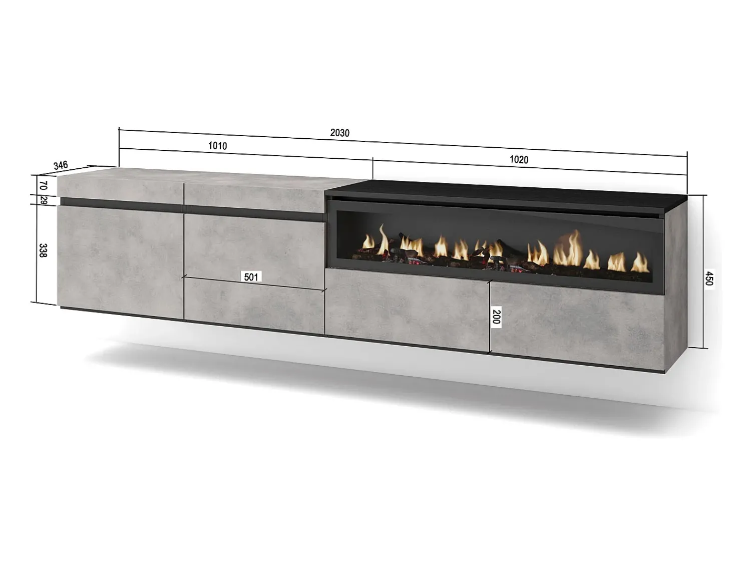 Móvel De Tv|Skraut Home Móvel de TV, 200x35x45cm, Para televisores até 80", Lareira eléctrica, Suspensos, Cimento Cinzento