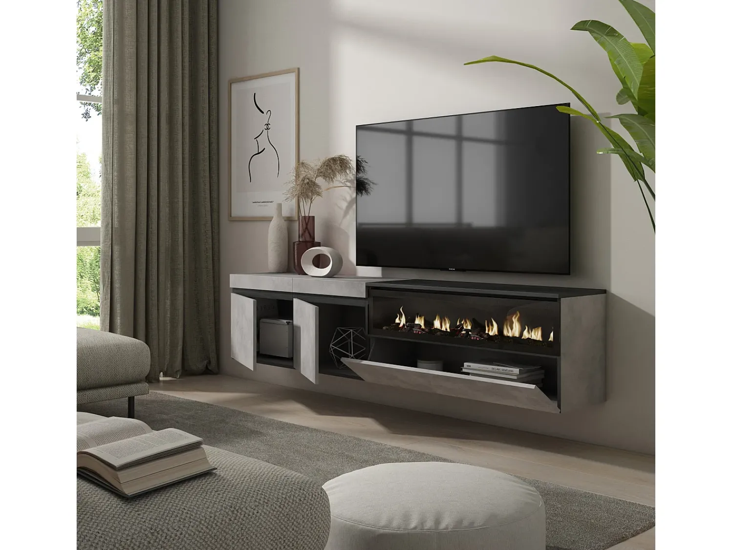 Móvel De Tv|Skraut Home Móvel de TV, 200x35x45cm, Para televisores até 80", Lareira eléctrica, Suspensos, Cimento Cinzento