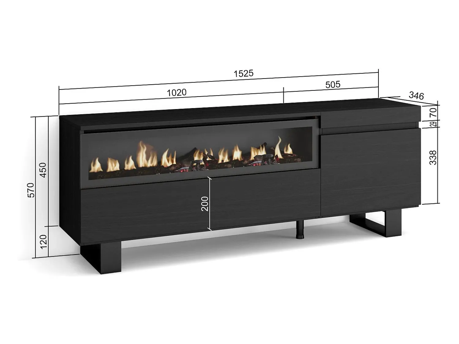 Skraut Home Móvel de TV, 150x35x57cm, Para televisores até 65", Lareira eléctrica, Design industrial,^ Móvel De Tv
