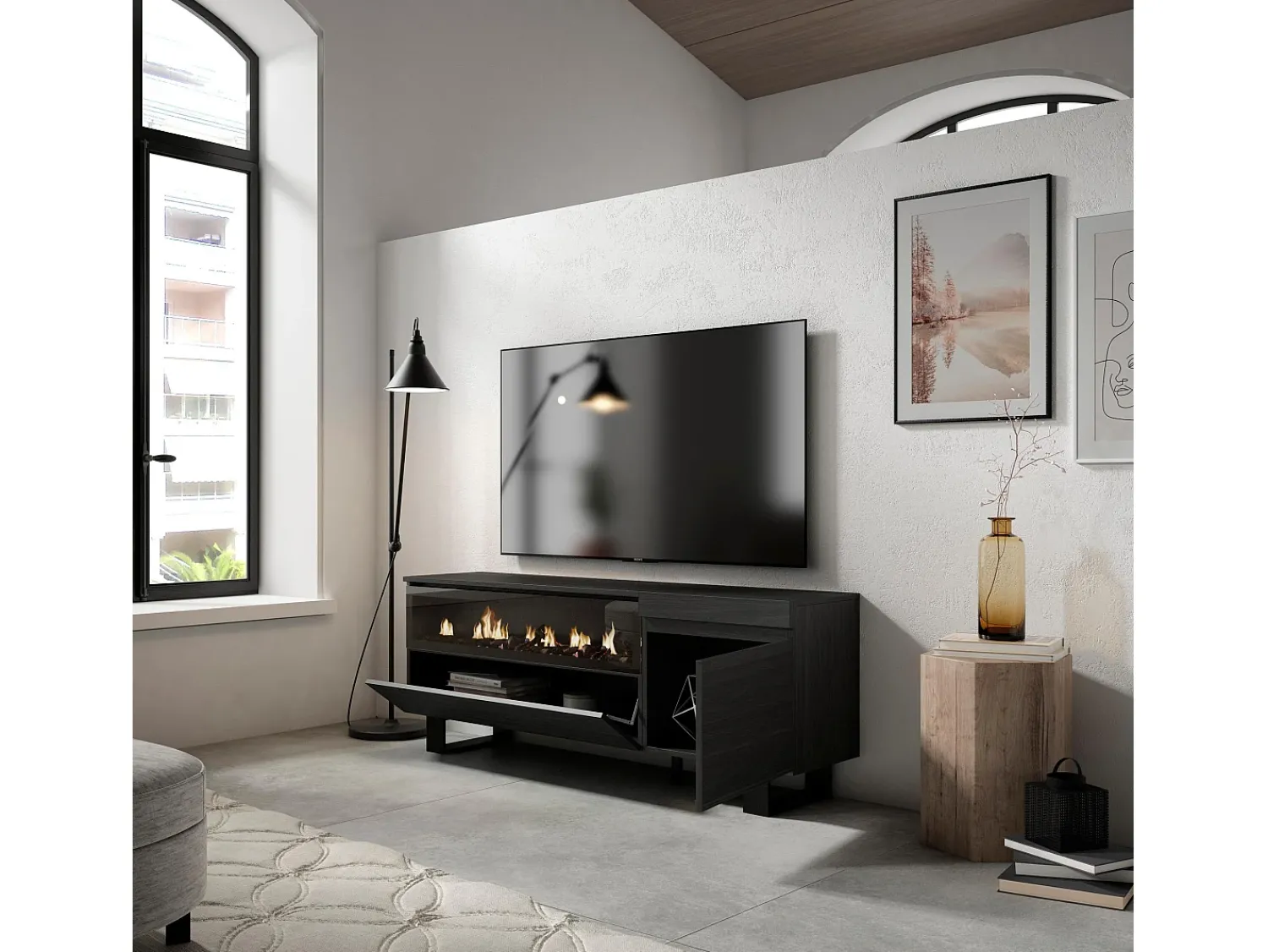 Skraut Home Móvel de TV, 150x35x57cm, Para televisores até 65", Lareira eléctrica, Design industrial,^ Móvel De Tv