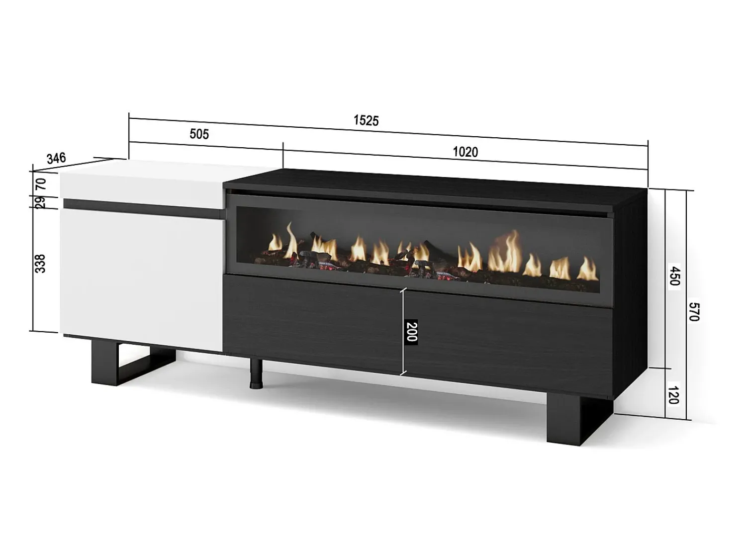 Móvel De Tv*Skraut Home Móvel de TV, 150x35x57cm, Para televisores até 65", Lareira eléctrica, Design industrial, e preto Branco