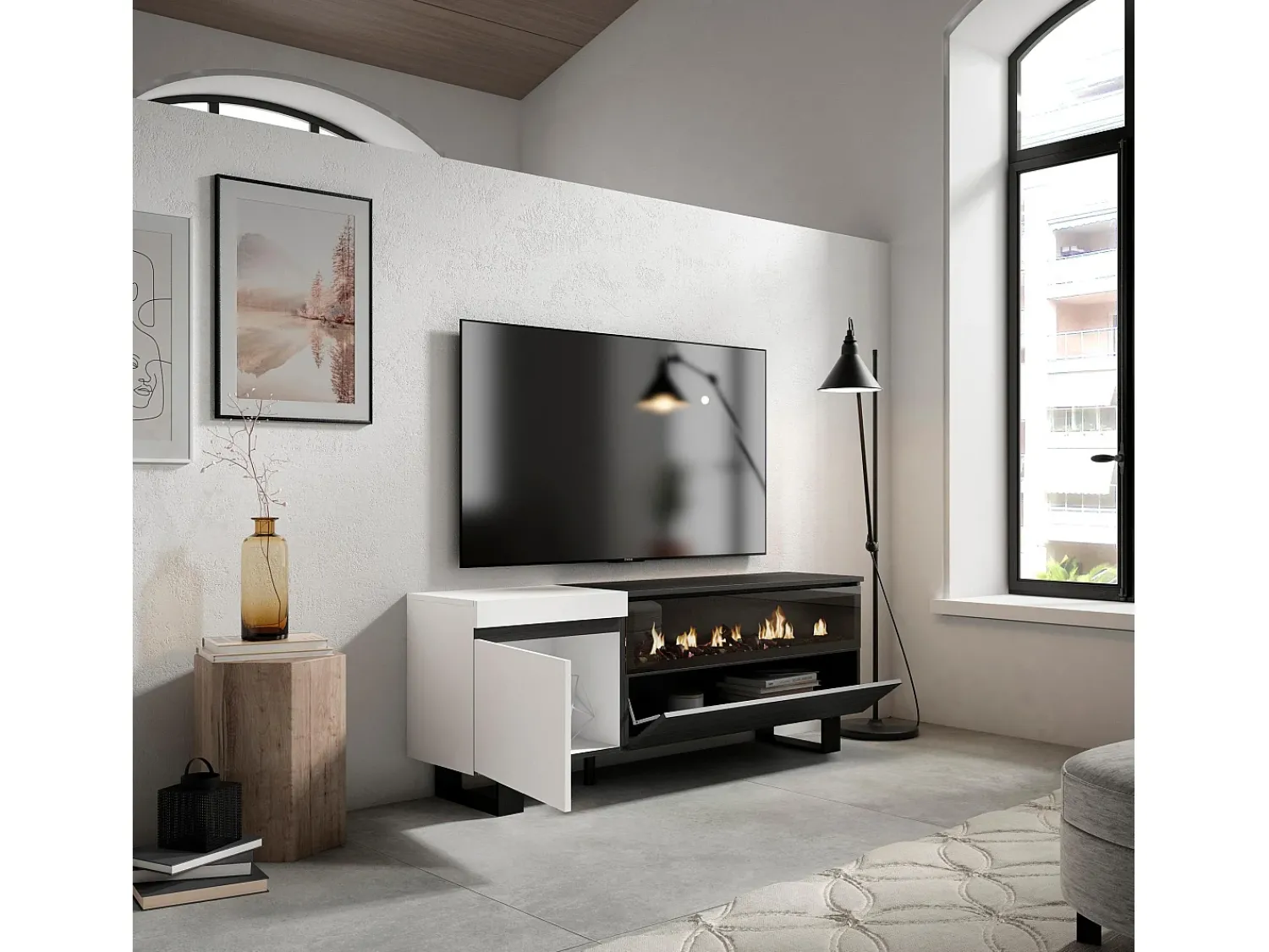Móvel De Tv*Skraut Home Móvel de TV, 150x35x57cm, Para televisores até 65", Lareira eléctrica, Design industrial, e preto Branco
