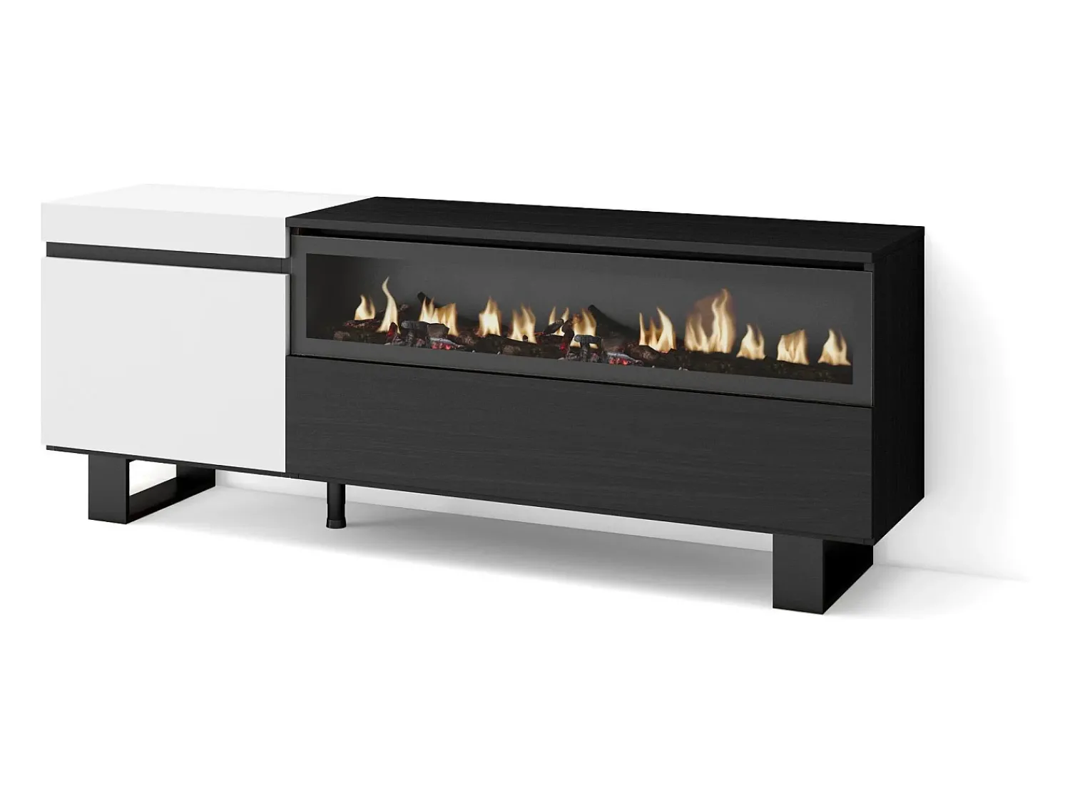 Móvel De Tv*Skraut Home Móvel de TV, 150x35x57cm, Para televisores até 65", Lareira eléctrica, Design industrial, e preto Branco
