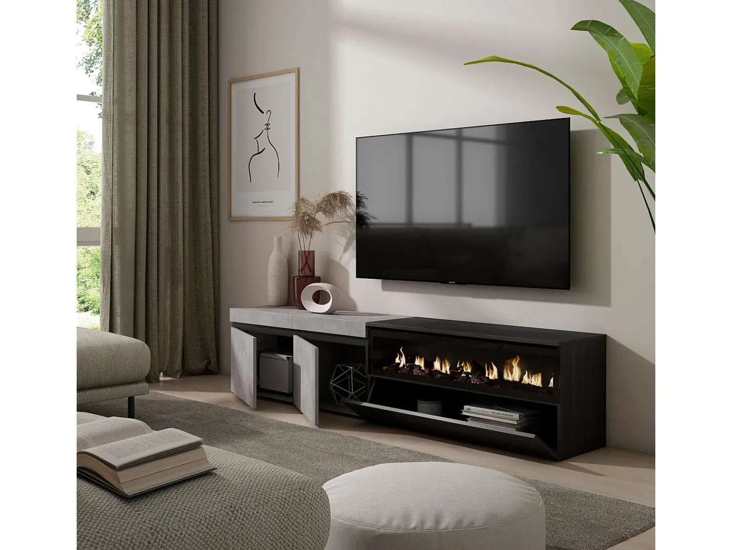 Móvel De Tv*Skraut Home Móvel de TV, 200x35x45cm, Para televisores até 80", Lareira eléctrica, Cimento Cinzento