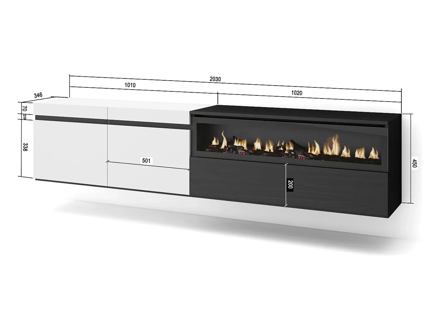 Móvel De Tv|Skraut Home Móvel de TV, 200x35x45cm, Para televisores até 80", Lareira eléctrica, Suspensos, e preto Branco