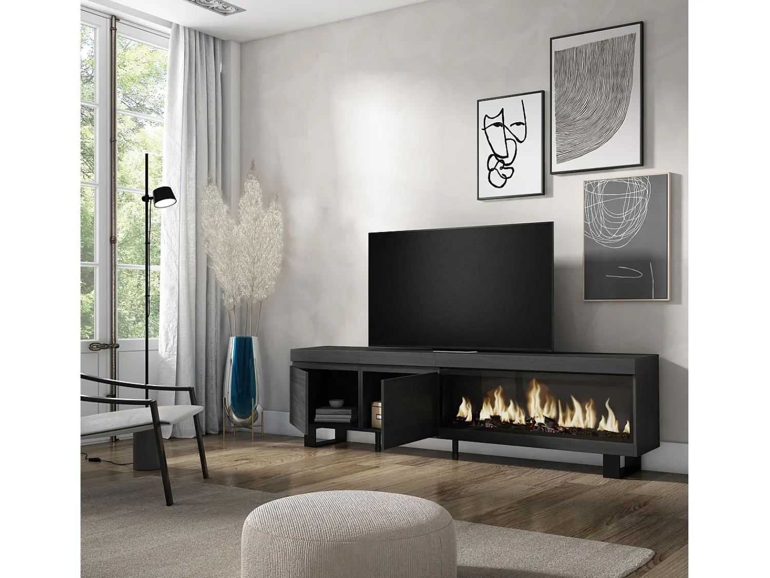 Skraut Home Móvel de TV, 208x35x57cm, Para televisores até 80", Lareira eléctrica XXL, Design industrial,^ Móvel De Tv