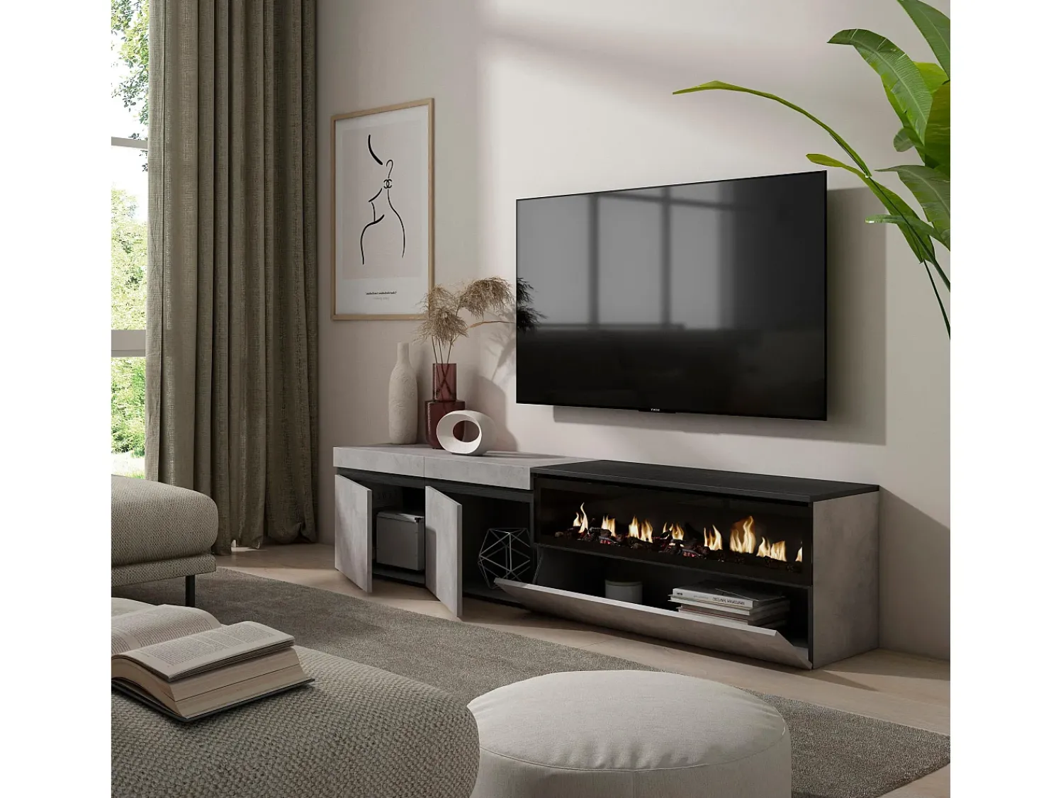 Sale Skraut Home Móvel de TV, 200x35x45cm, Para televisores até 80", Lareira eléctrica, Cimento Cinzento