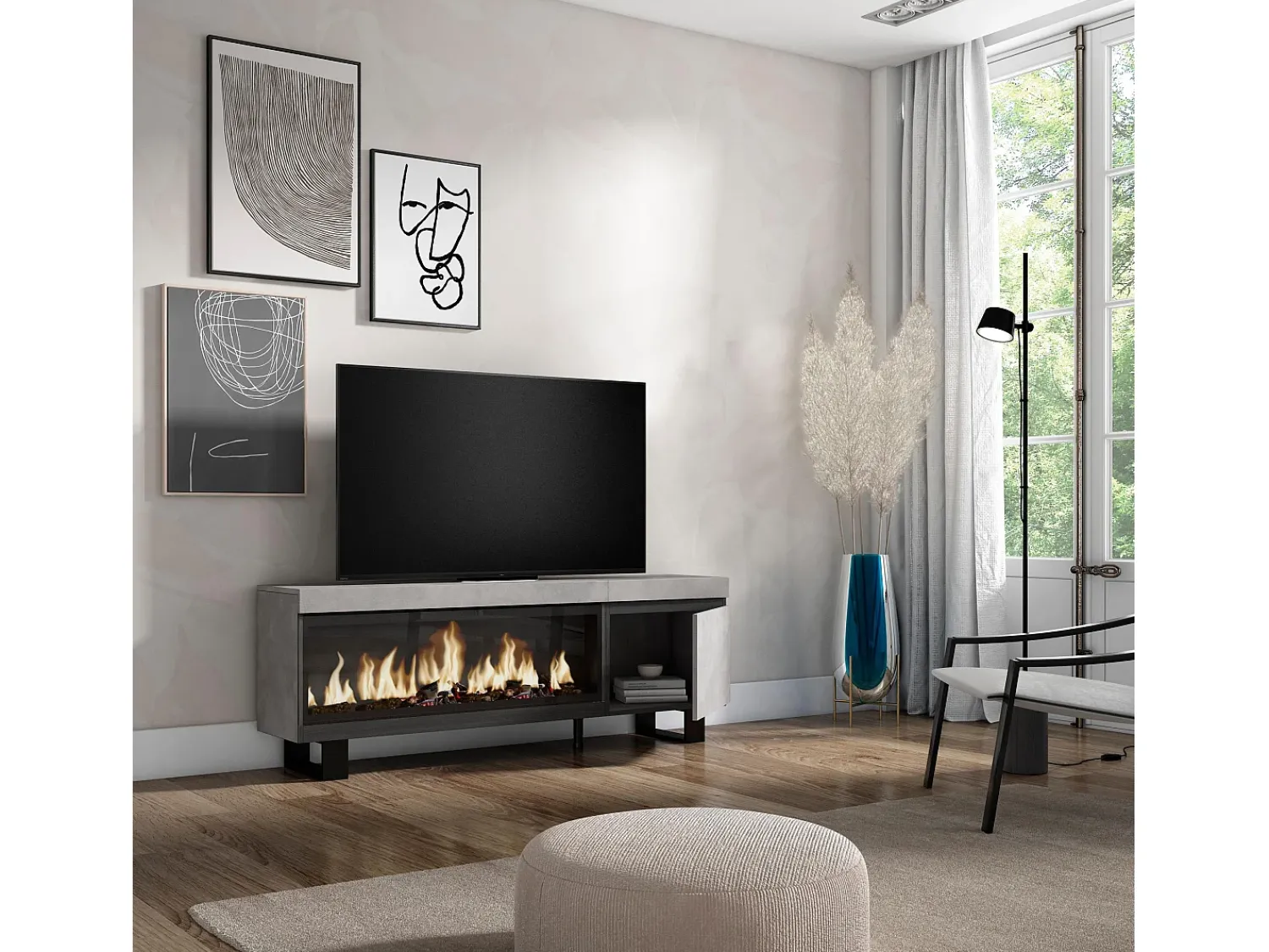 Online Skraut Home Móvel de TV, 158x35x57cm, Para televisores até 65", Lareira eléctrica XXL, Design industrial, Cimento Cinzento