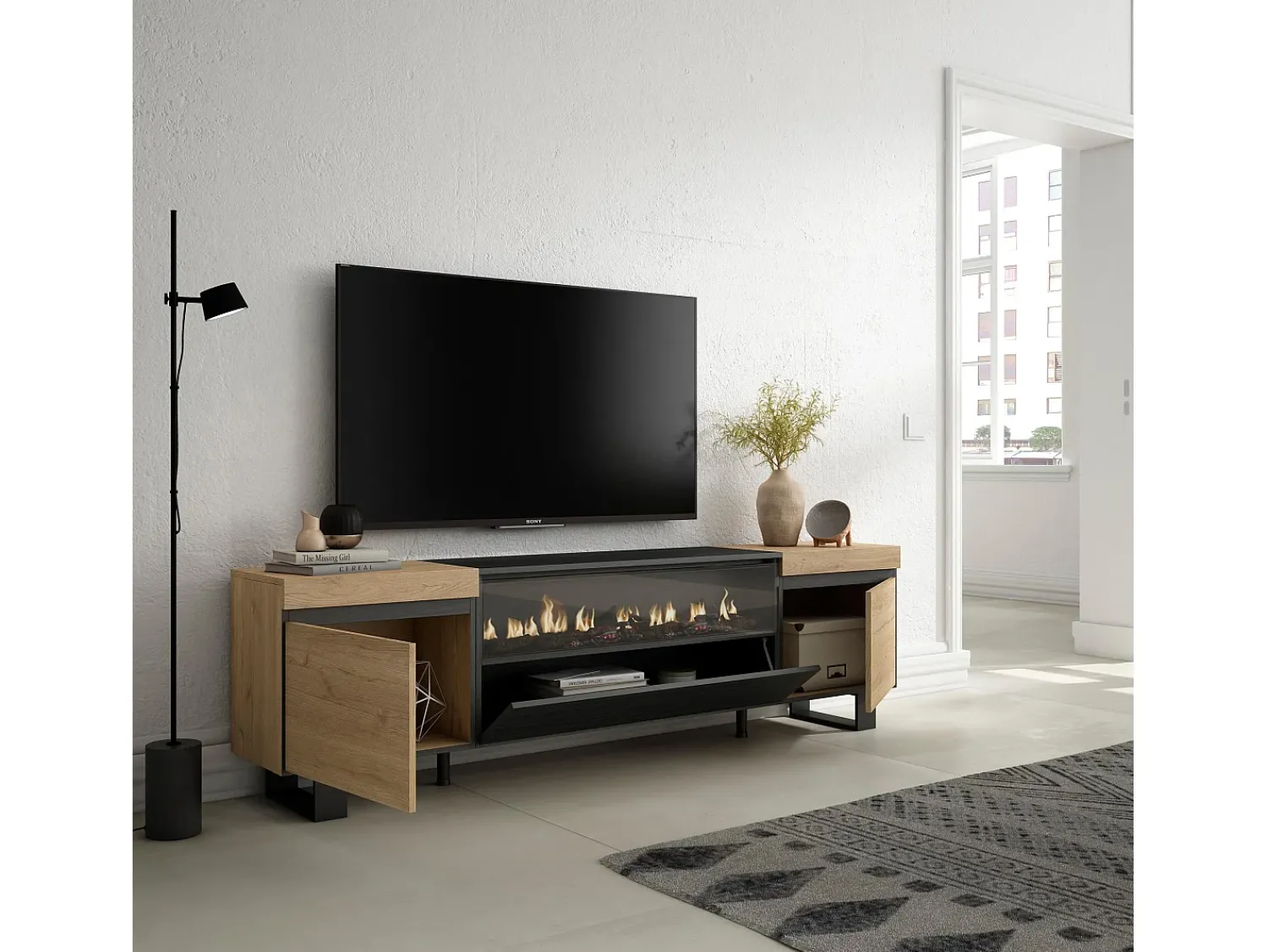 Móvel De Tv*Skraut Home Móvel de TV, 200x35x57cm, Para televisores até 80", Lareira eléctrica, Design industrial, Carvahlo e preto Natural claro