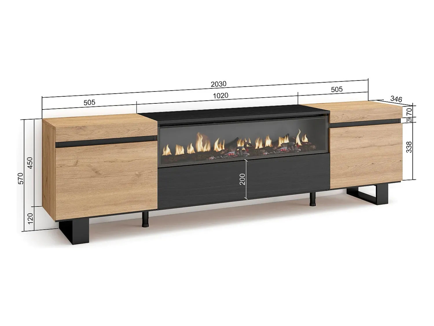 Móvel De Tv*Skraut Home Móvel de TV, 200x35x57cm, Para televisores até 80", Lareira eléctrica, Design industrial, Carvahlo e preto Natural claro