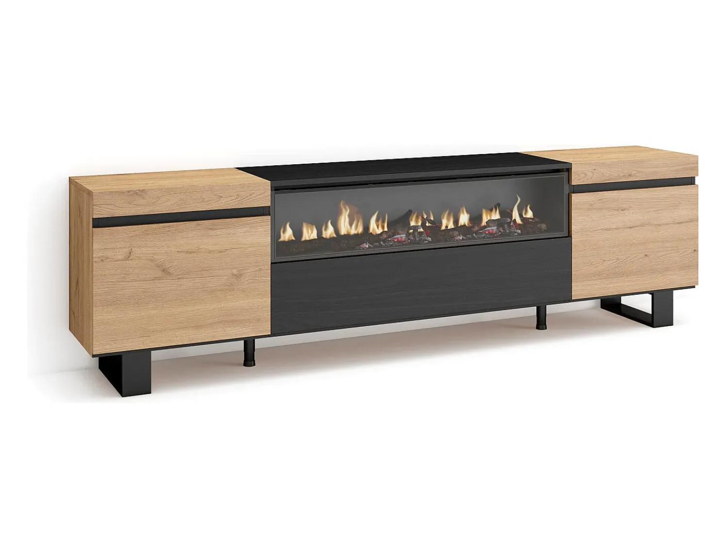 Móvel De Tv*Skraut Home Móvel de TV, 200x35x57cm, Para televisores até 80", Lareira eléctrica, Design industrial, Carvahlo e preto Natural claro