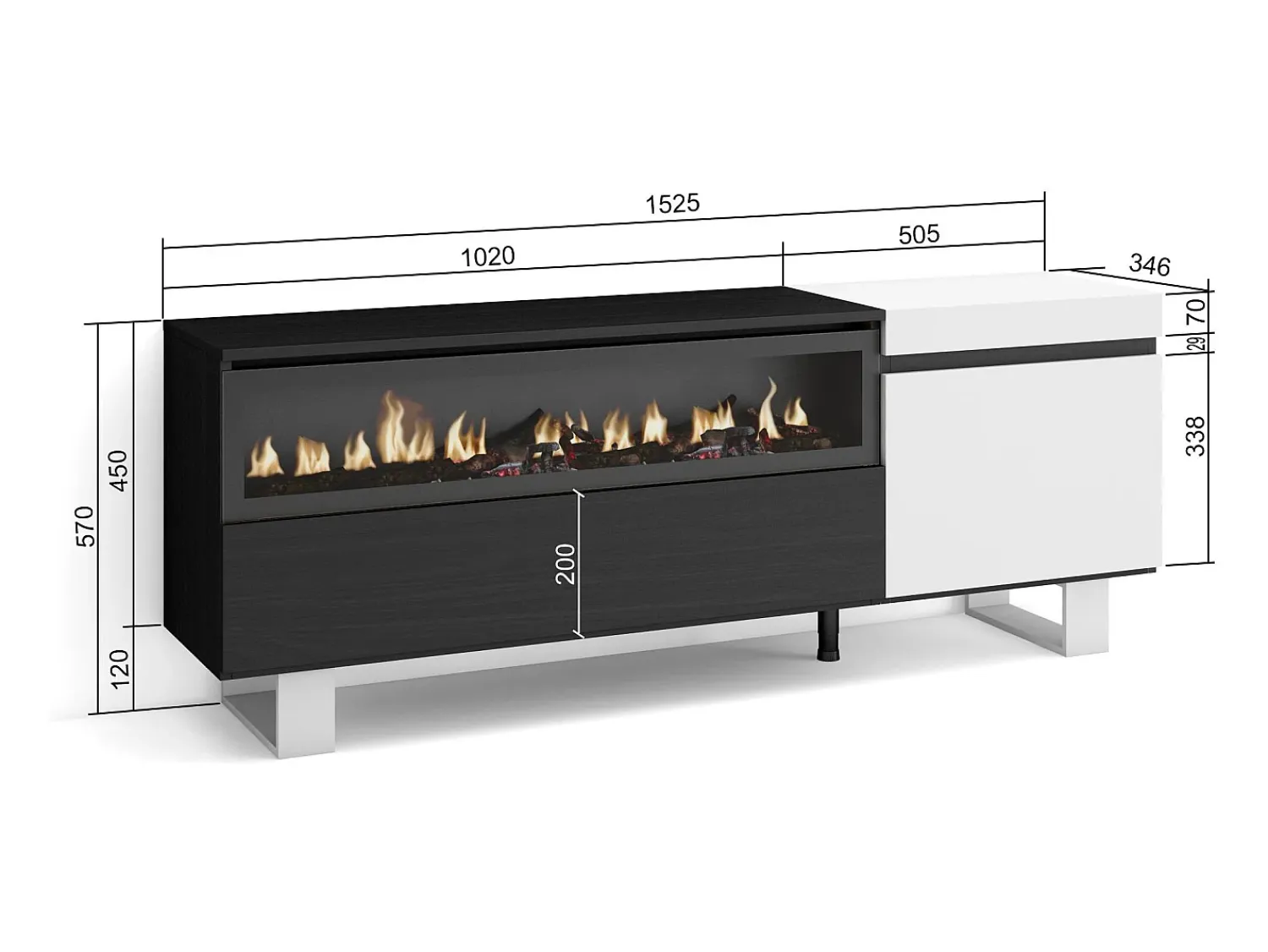 Outlet Skraut Home Móvel de TV, 150x35x57cm, Para televisores até 65", Lareira eléctrica, Design industrial, e preto Branco