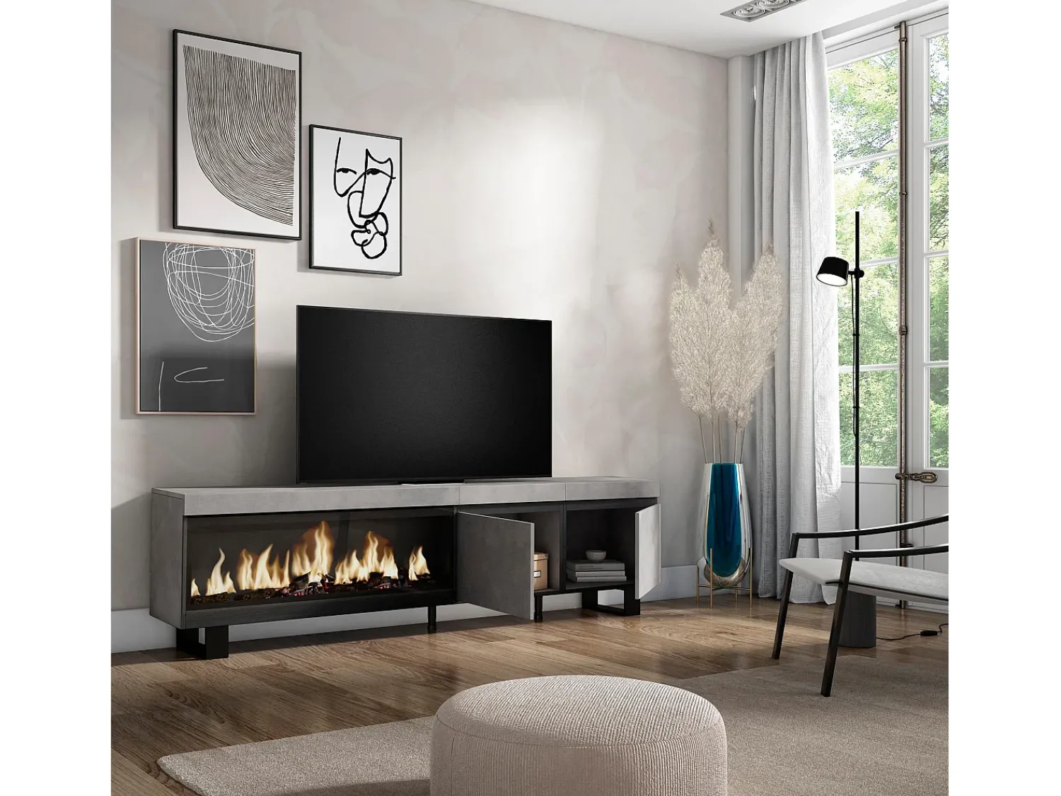 Móvel De Tv|Skraut Home Móvel de TV, 208x35x57cm, Para televisores até 80", Lareira eléctrica XXL, Design industrial, Cimento Cinzento