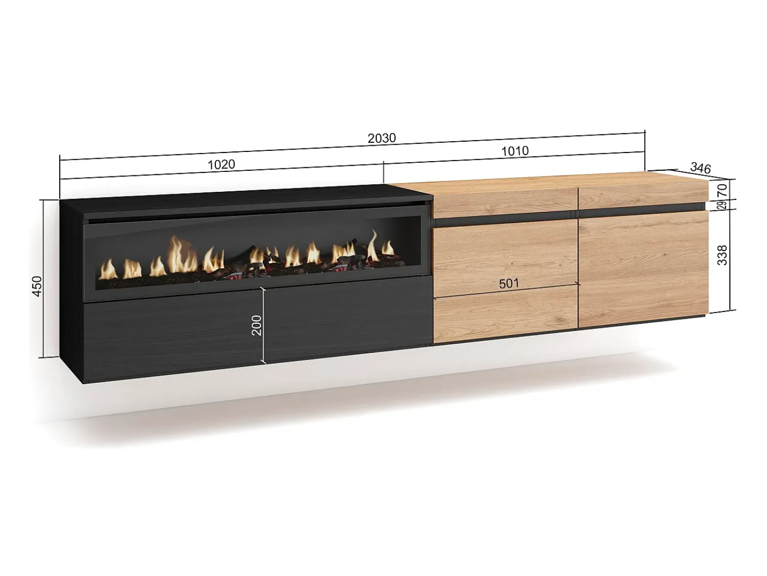 Móvel De Tv*Skraut Home Móvel de TV, 200x35x45cm, Para televisores até 80", Lareira eléctrica, Suspensos, Carvahlo e preto Natural claro