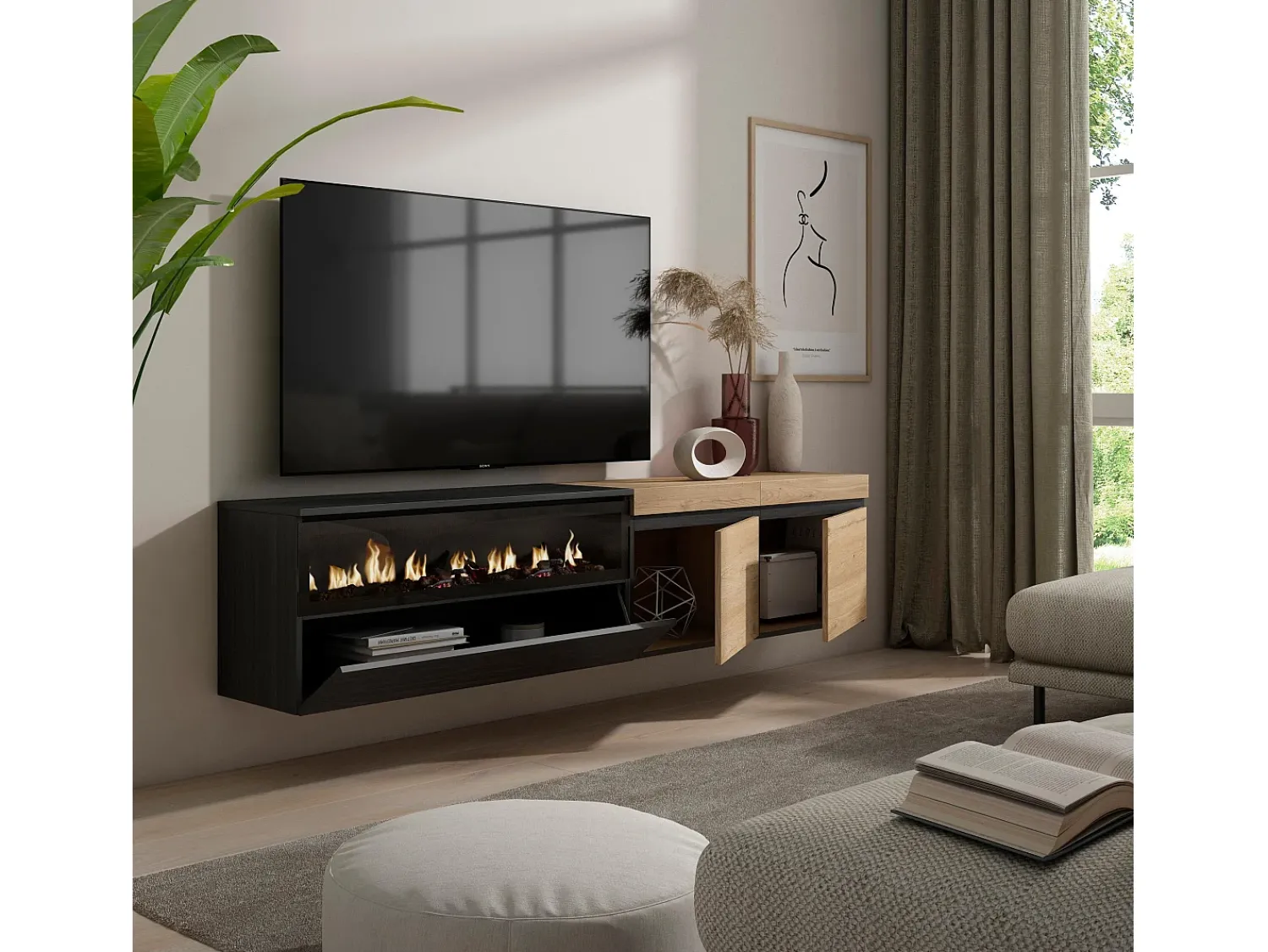 Móvel De Tv*Skraut Home Móvel de TV, 200x35x45cm, Para televisores até 80", Lareira eléctrica, Suspensos, Carvahlo e preto Natural claro