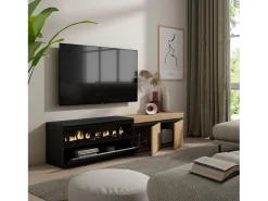 Móvel De Tv*Skraut Home Móvel de TV, 200x35x45cm, Para televisores até 80", Lareira eléctrica, Carvahlo e preto Natural claro