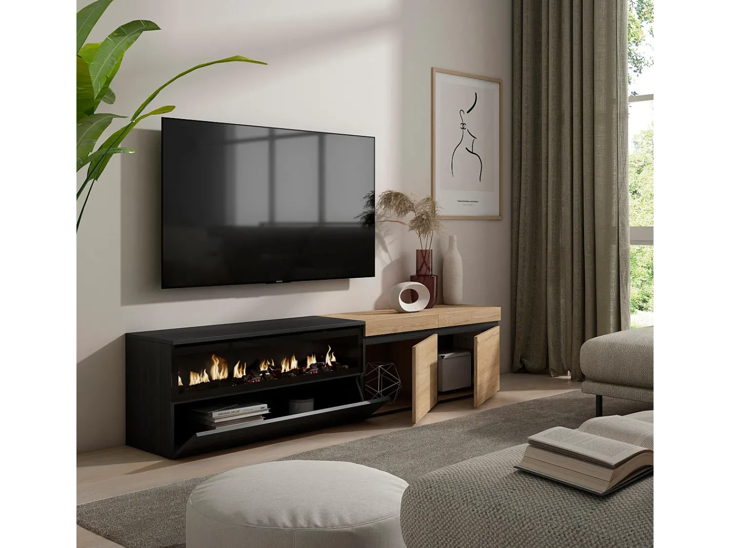 Móvel De Tv*Skraut Home Móvel de TV, 200x35x45cm, Para televisores até 80", Lareira eléctrica, Carvahlo e preto Natural claro