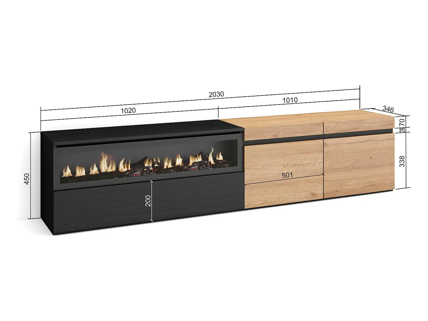 Móvel De Tv*Skraut Home Móvel de TV, 200x35x45cm, Para televisores até 80", Lareira eléctrica, Carvahlo e preto Natural claro