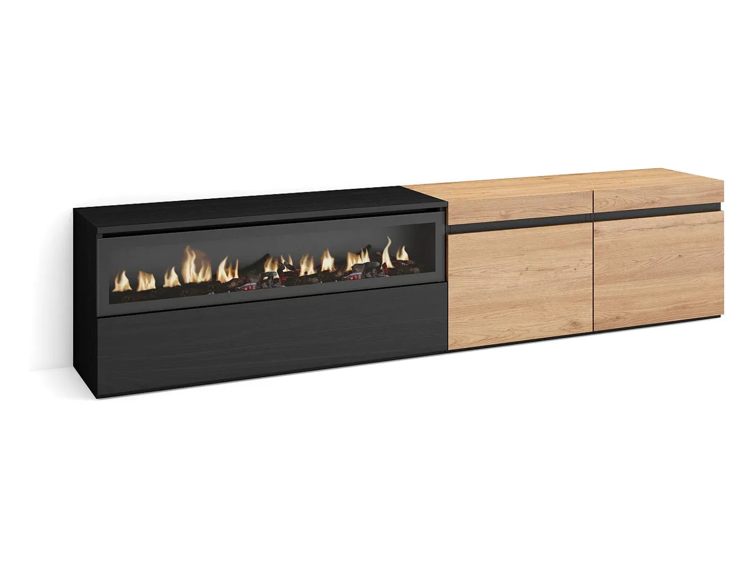 Móvel De Tv*Skraut Home Móvel de TV, 200x35x45cm, Para televisores até 80", Lareira eléctrica, Carvahlo e preto Natural claro