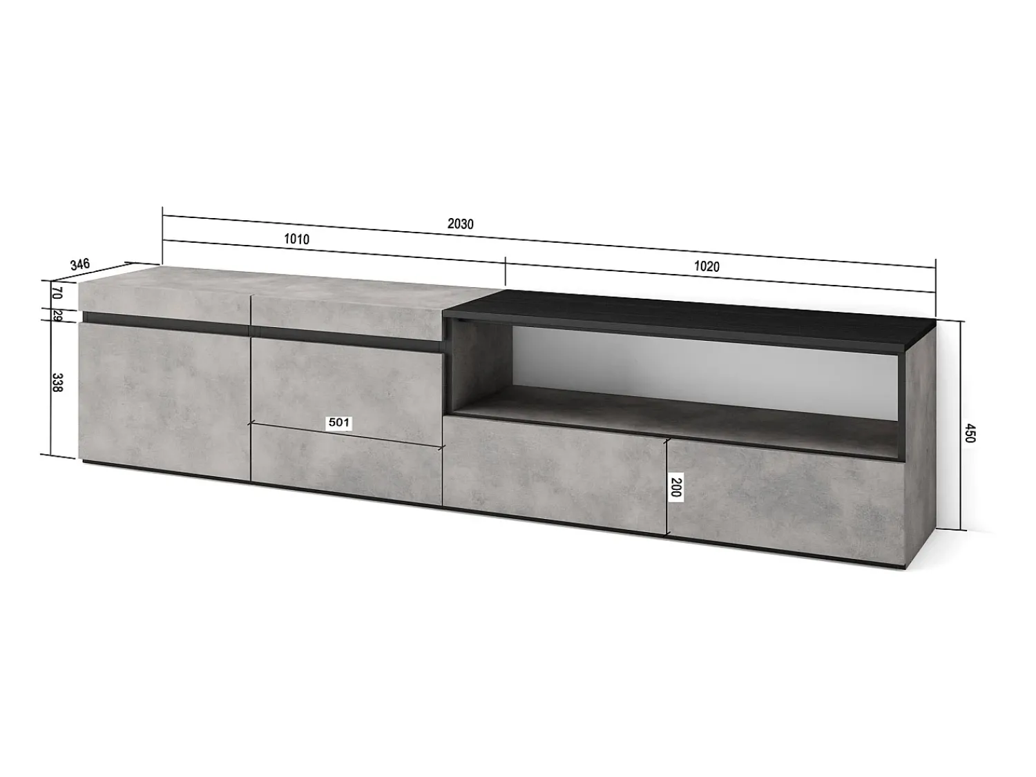 Skraut Home Móvel de TV, 200x35x45cm, Para televisores até 80", Estante para TV, Cimento^ Móvel De Tv