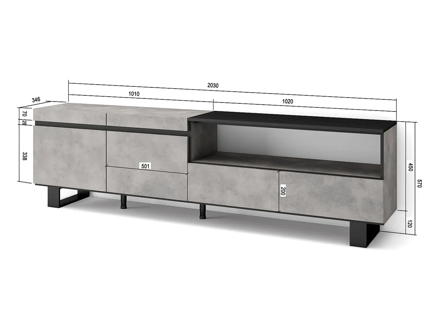 Móvel De Tv|Skraut Home Móvel de TV, 200x35x57cm, Para televisores até 80", Design industrial, Cimento Cinzento