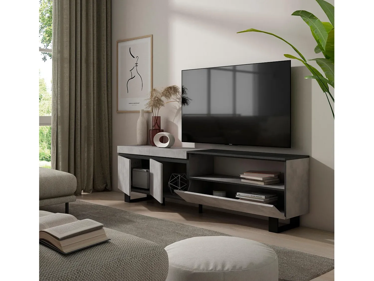 Móvel De Tv|Skraut Home Móvel de TV, 200x35x57cm, Para televisores até 80", Design industrial, Cimento Cinzento