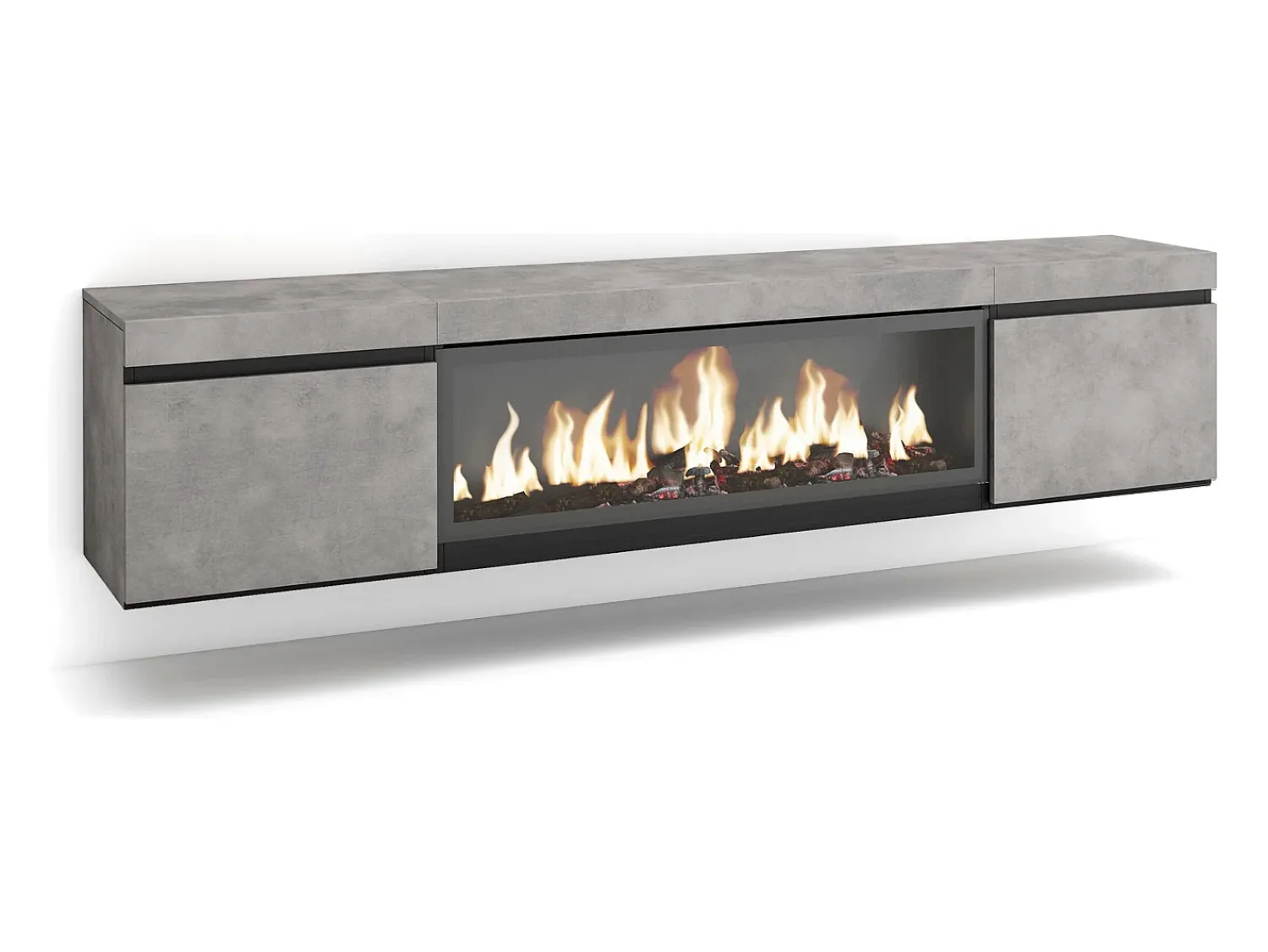 Móvel De Tv|Skraut Home Móvel de TV, 208x35x45cm, Para televisores até 80", Lareira eléctrica XXL, Suspensos, Cimento Cinzento