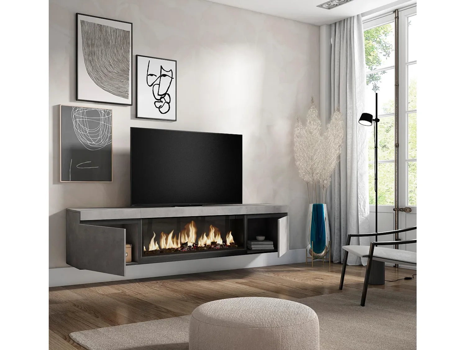 Móvel De Tv|Skraut Home Móvel de TV, 208x35x45cm, Para televisores até 80", Lareira eléctrica XXL, Suspensos, Cimento Cinzento