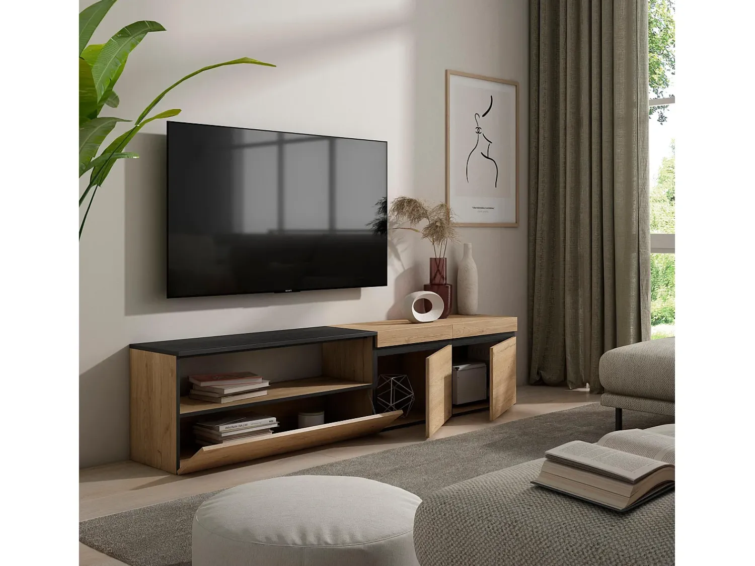Móvel De Tv|Skraut Home Móvel de TV, 200x35x45cm, Para televisores até 80", Estante para TV, Carvahlo e preto Natural claro