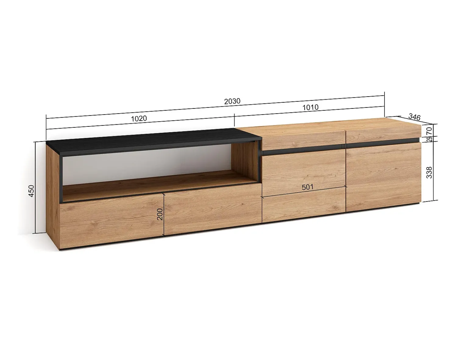 Móvel De Tv|Skraut Home Móvel de TV, 200x35x45cm, Para televisores até 80", Estante para TV, Carvahlo e preto Natural claro