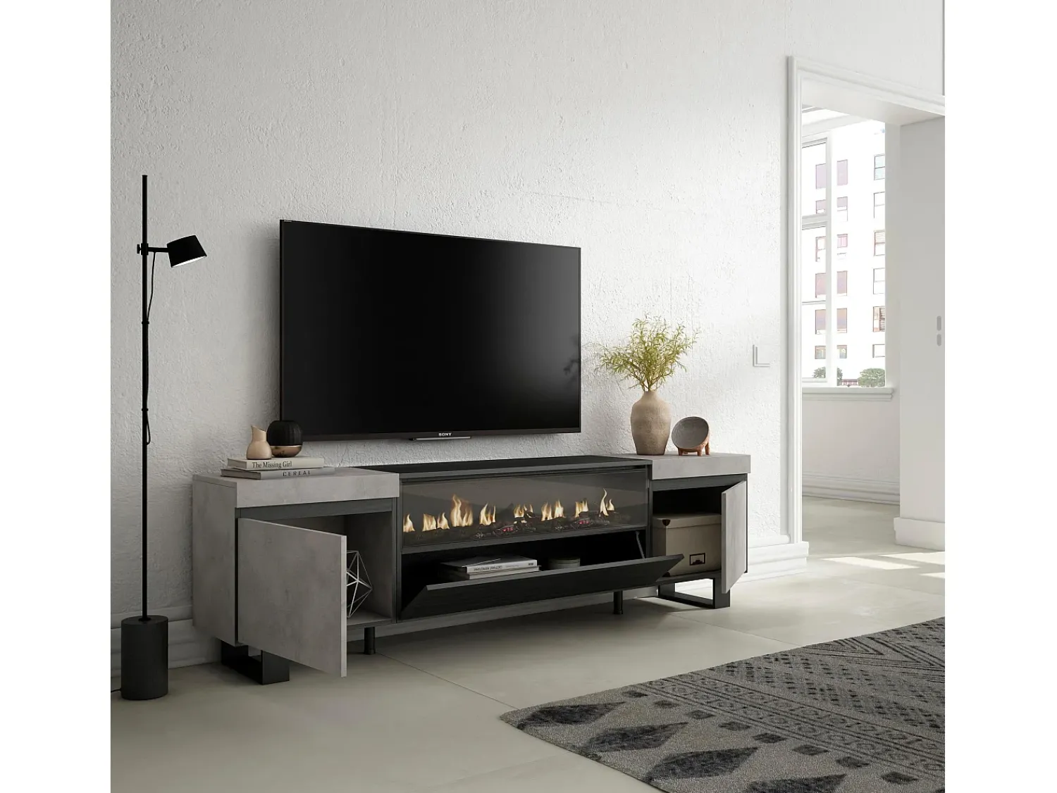 Móvel De Tv|Skraut Home Móvel de TV, 200x35x57cm, Para televisores até 80", Lareira eléctrica, Design industrial, Cimento Cinzento