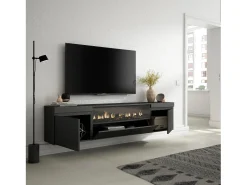 New Skraut Home Móvel de TV, 200x35x45cm, Para televisores até 80", Lareira eléctrica, Suspensos, Preto