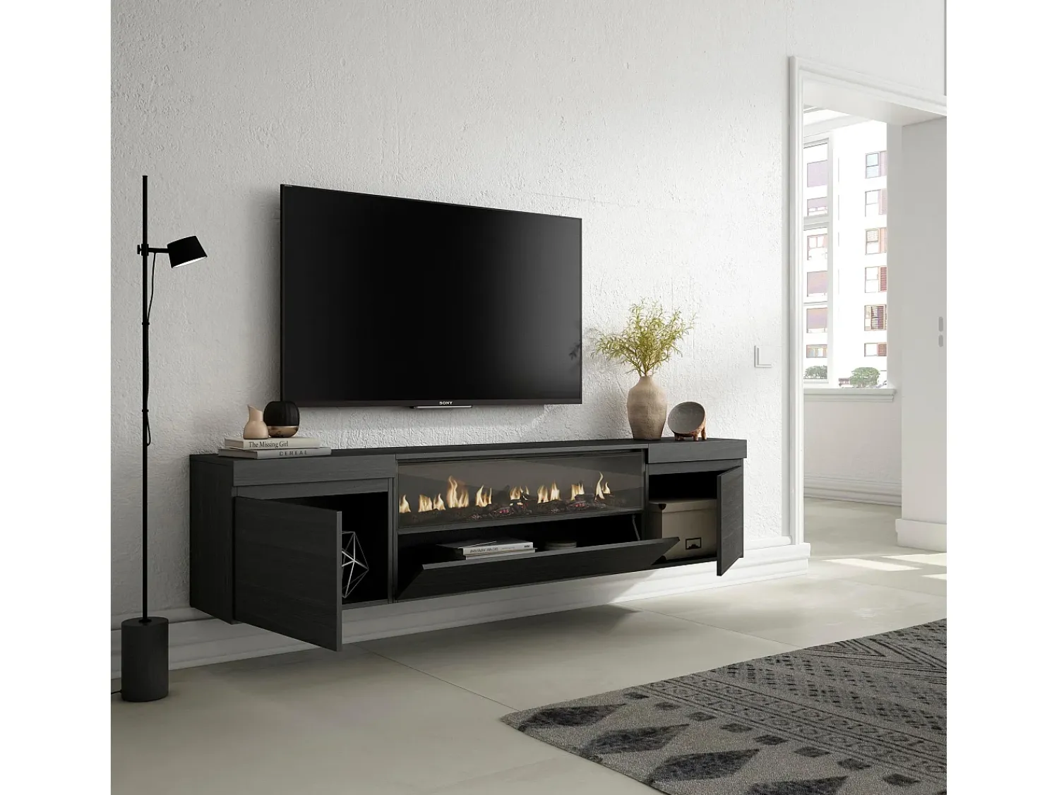 New Skraut Home Móvel de TV, 200x35x45cm, Para televisores até 80", Lareira eléctrica, Suspensos, Preto