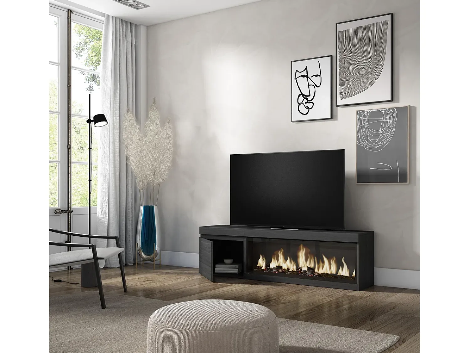 Móvel De Tv*Skraut Home Móvel de TV, 158x35x45cm, Para televisores até 65", Lareira eléctrica XXL, Preto