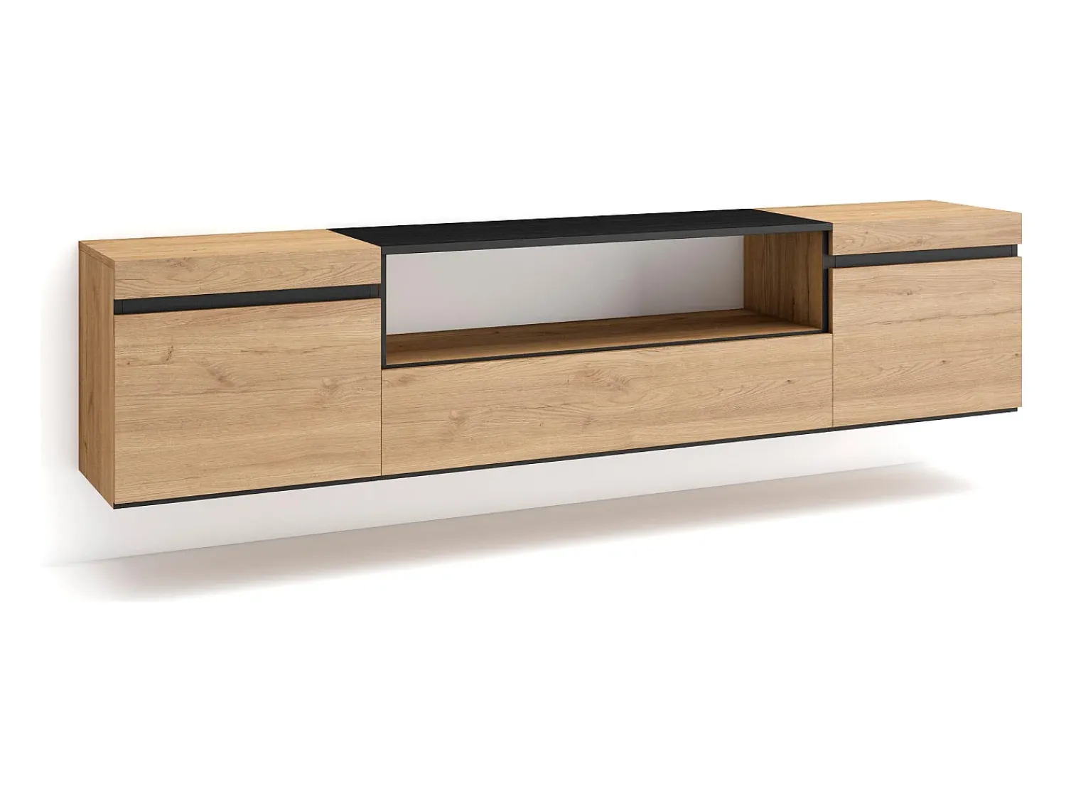 Móvel De Tv*Skraut Home Móvel de TV, 200x35x45cm, Para televisores até 80", Suspensos, Carvahlo e preto Natural claro