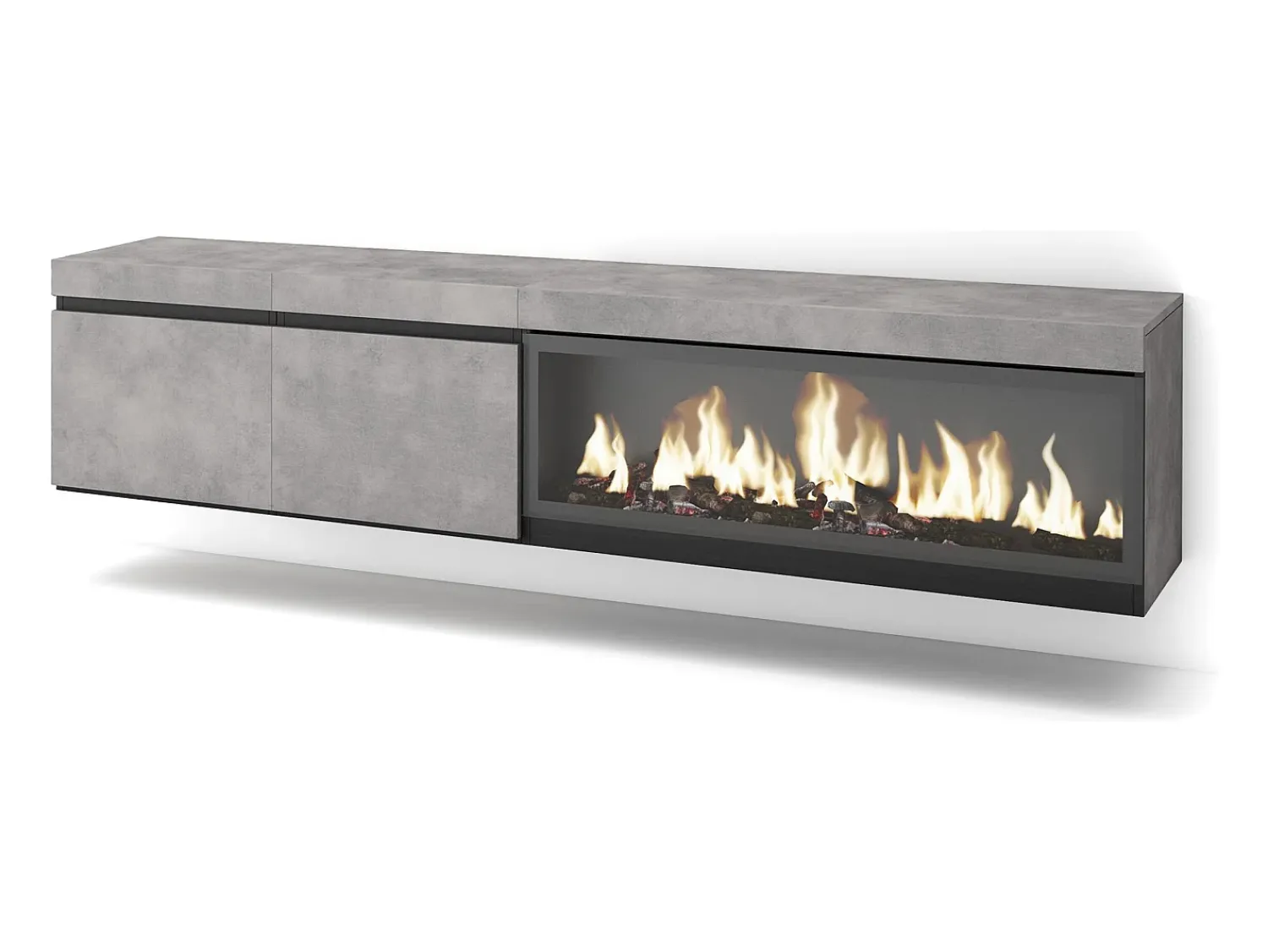 Skraut Home Móvel de TV, 208x35x45cm, Para televisores até 80", Lareira eléctrica XXL, Suspensos, Cimento Cinzento