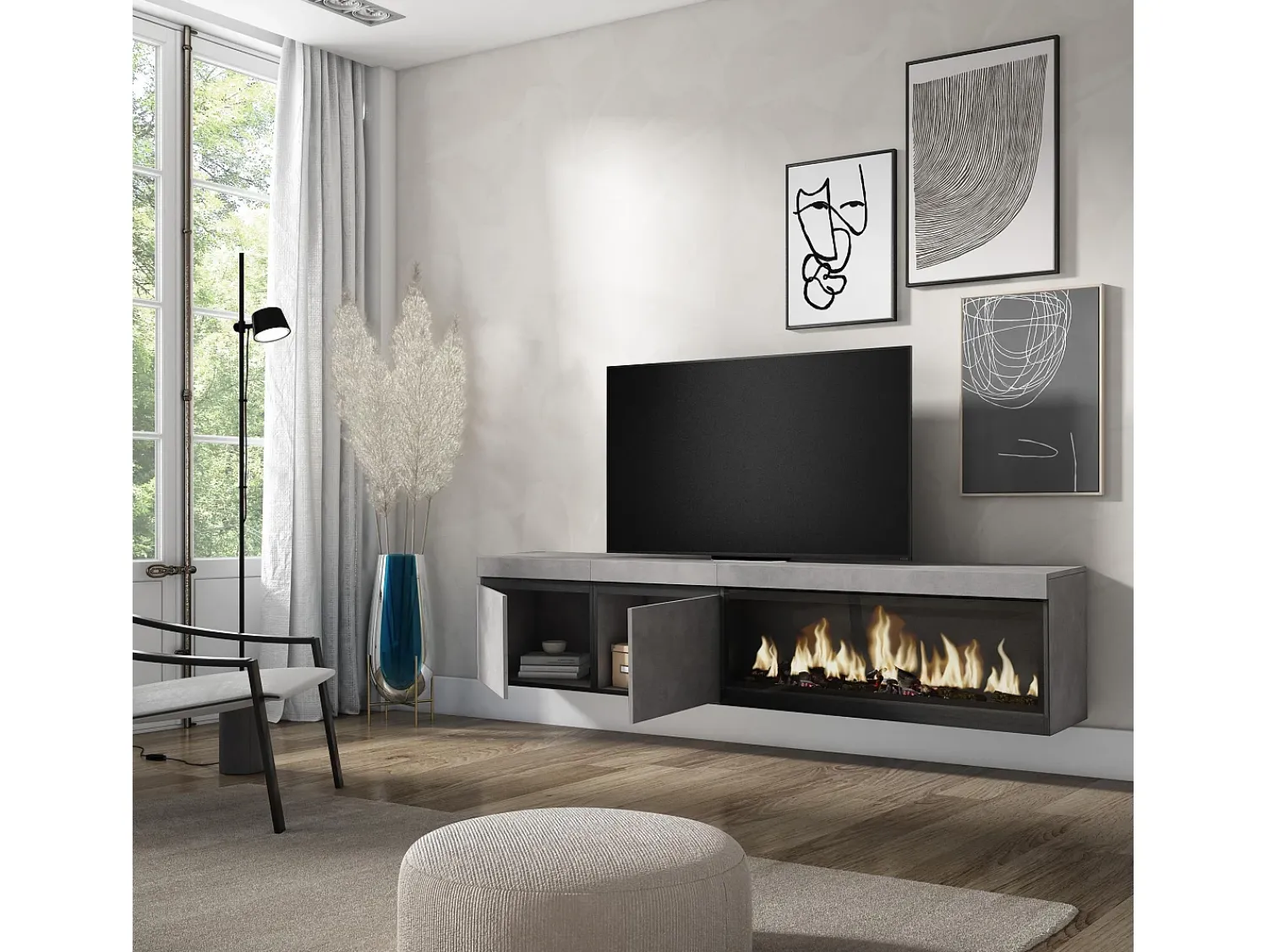 Skraut Home Móvel de TV, 208x35x45cm, Para televisores até 80", Lareira eléctrica XXL, Suspensos, Cimento Cinzento