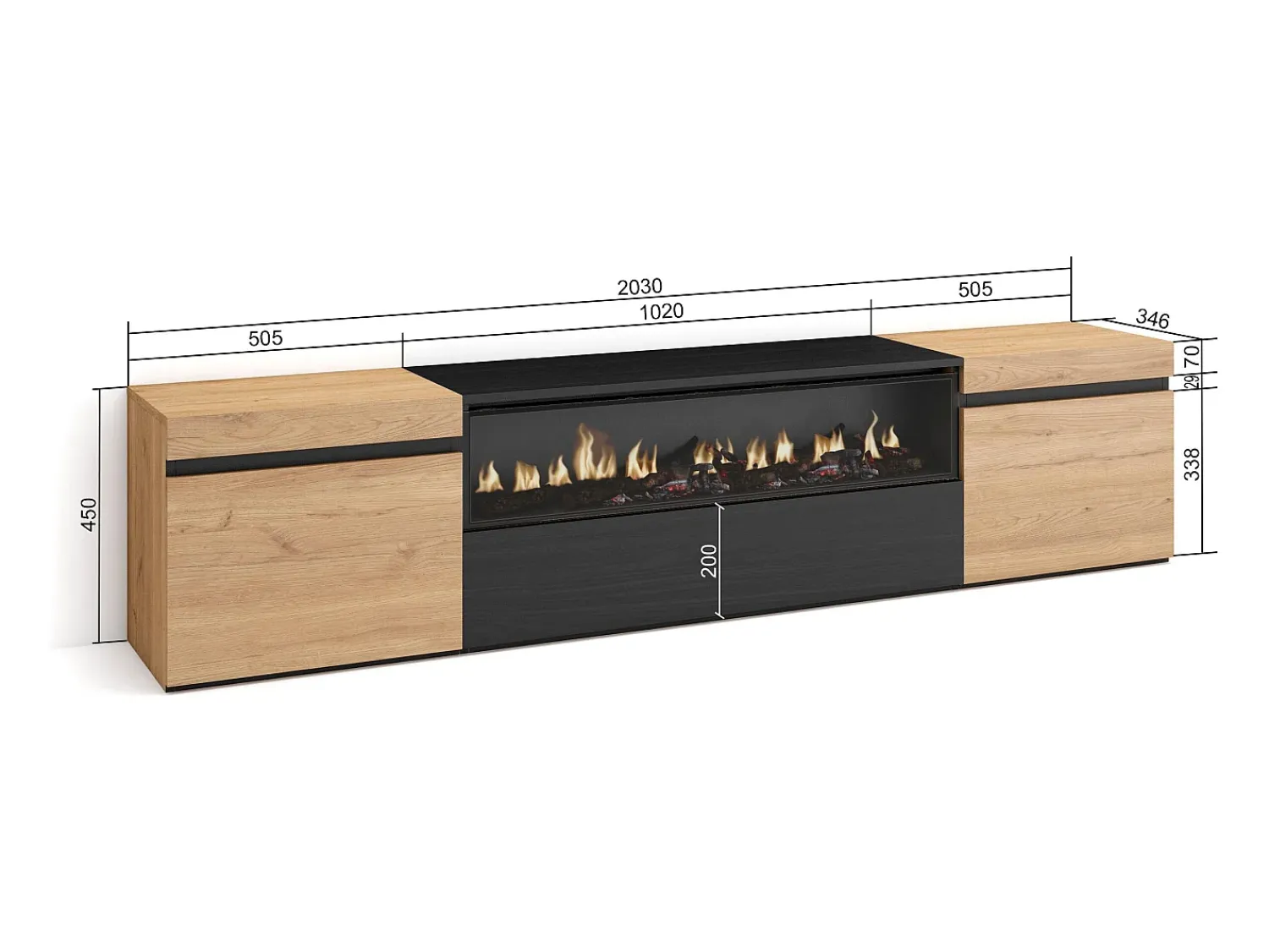 Móvel De Tv*Skraut Home Móvel de TV, 200x35x45cm, Para televisores até 80", Lareira eléctrica, Carvahlo e preto Natural claro
