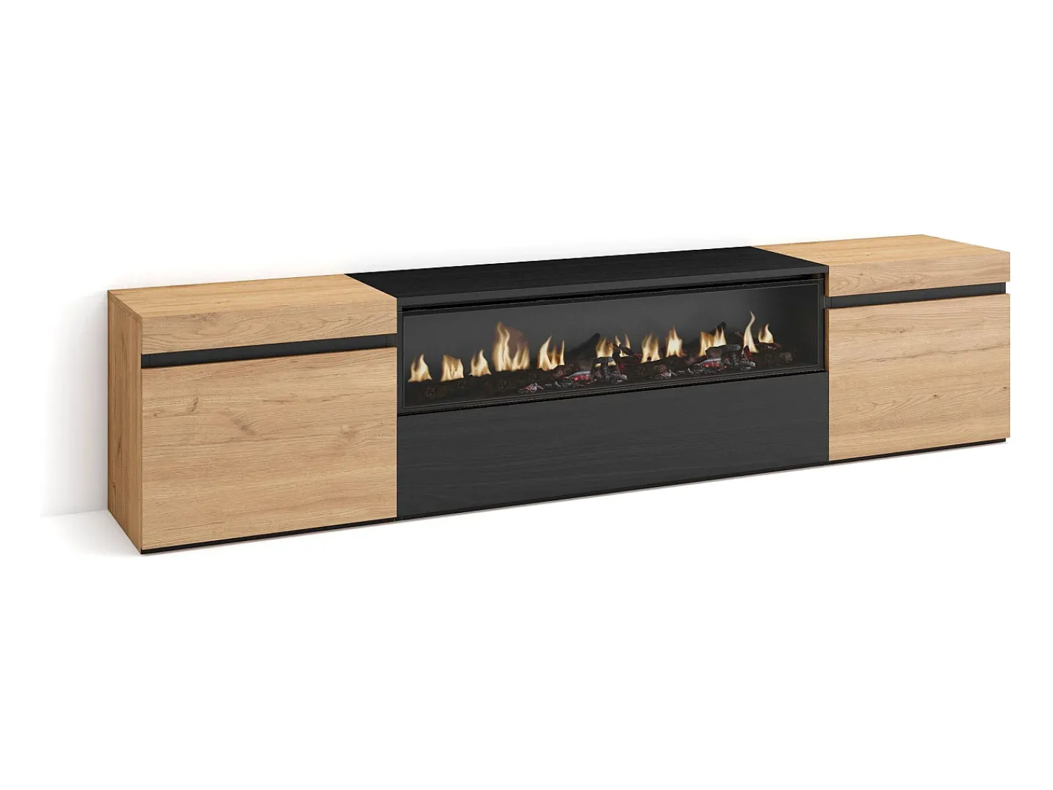 Móvel De Tv*Skraut Home Móvel de TV, 200x35x45cm, Para televisores até 80", Lareira eléctrica, Carvahlo e preto Natural claro