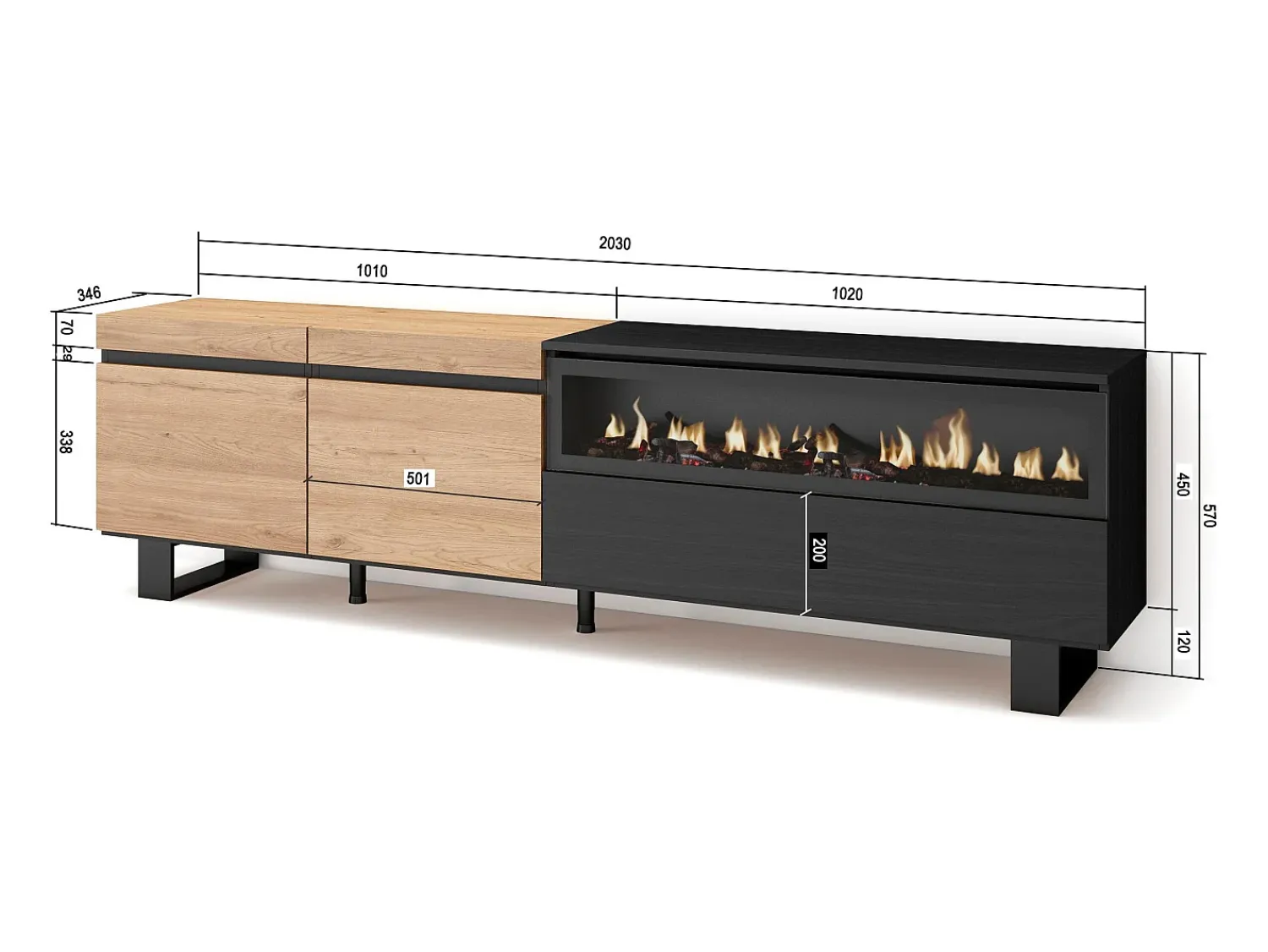 Móvel De Tv*Skraut Home Móvel de TV, 200x35x57cm, Para televisores até 80", Lareira eléctrica, Design industrial, Carvahlo e preto Natural claro