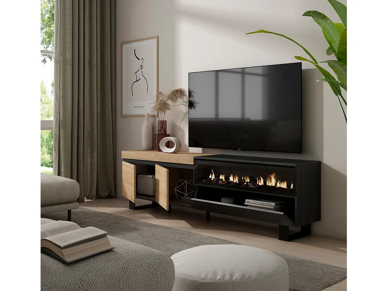Móvel De Tv*Skraut Home Móvel de TV, 200x35x57cm, Para televisores até 80", Lareira eléctrica, Design industrial, Carvahlo e preto Natural claro