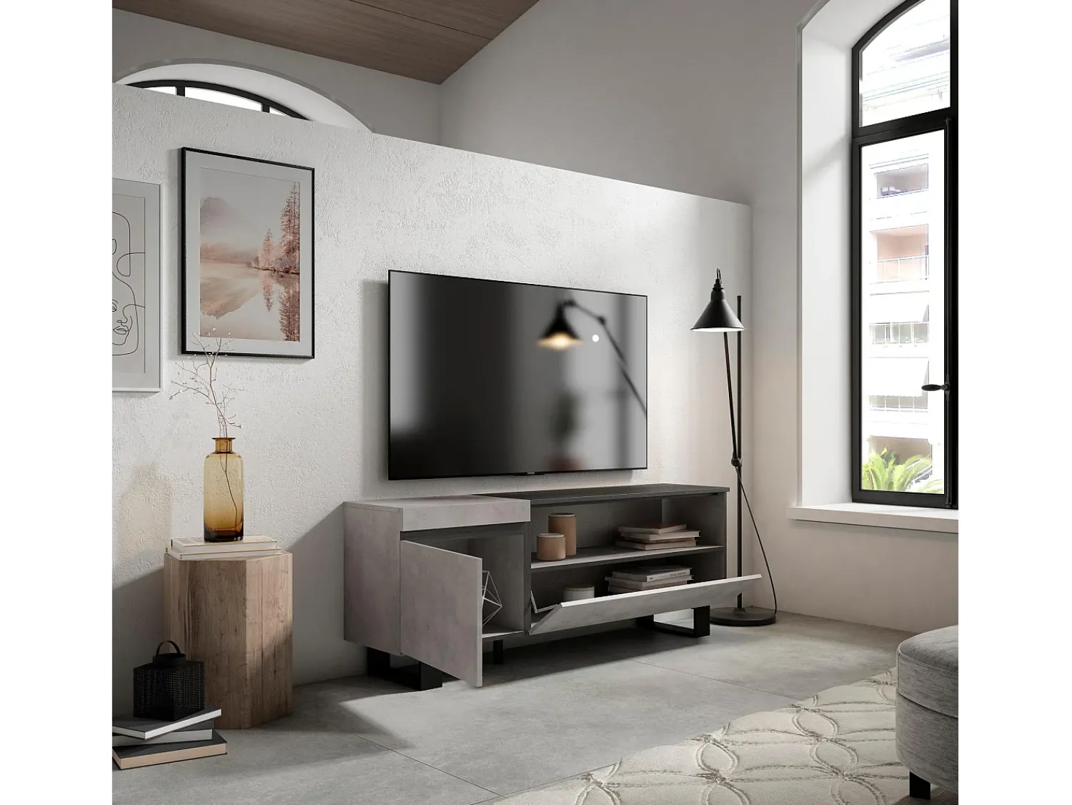 Móvel De Tv|Skraut Home Móvel de TV, 150x35x57cm, Para televisores até 65", Design industrial, Cimento Cinzento