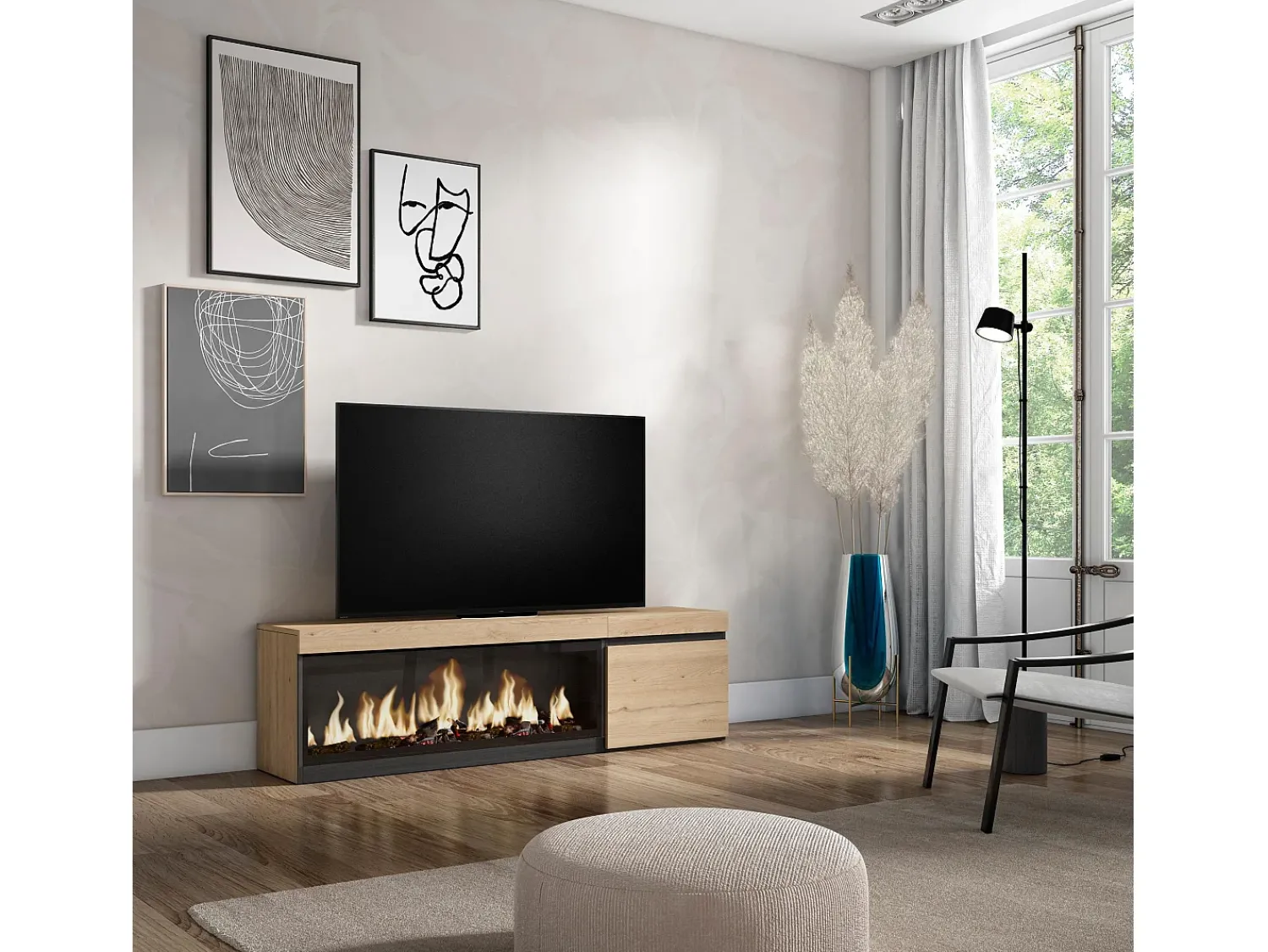 Skraut Home Móvel de TV, 158x35x45cm, Para televisores até 65", Lareira eléctrica XXL, Carvahlo^ Móvel De Tv