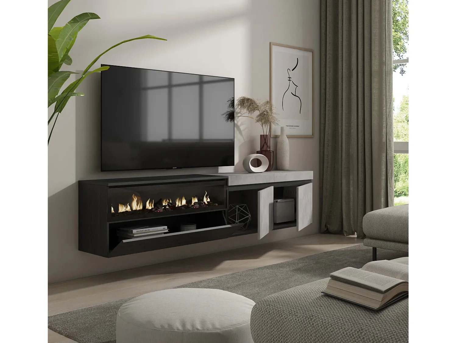 Móvel De Tv*Skraut Home Móvel de TV, 200x35x45cm, Para televisores até 80", Lareira eléctrica, Suspensos, Cimento Cinzento