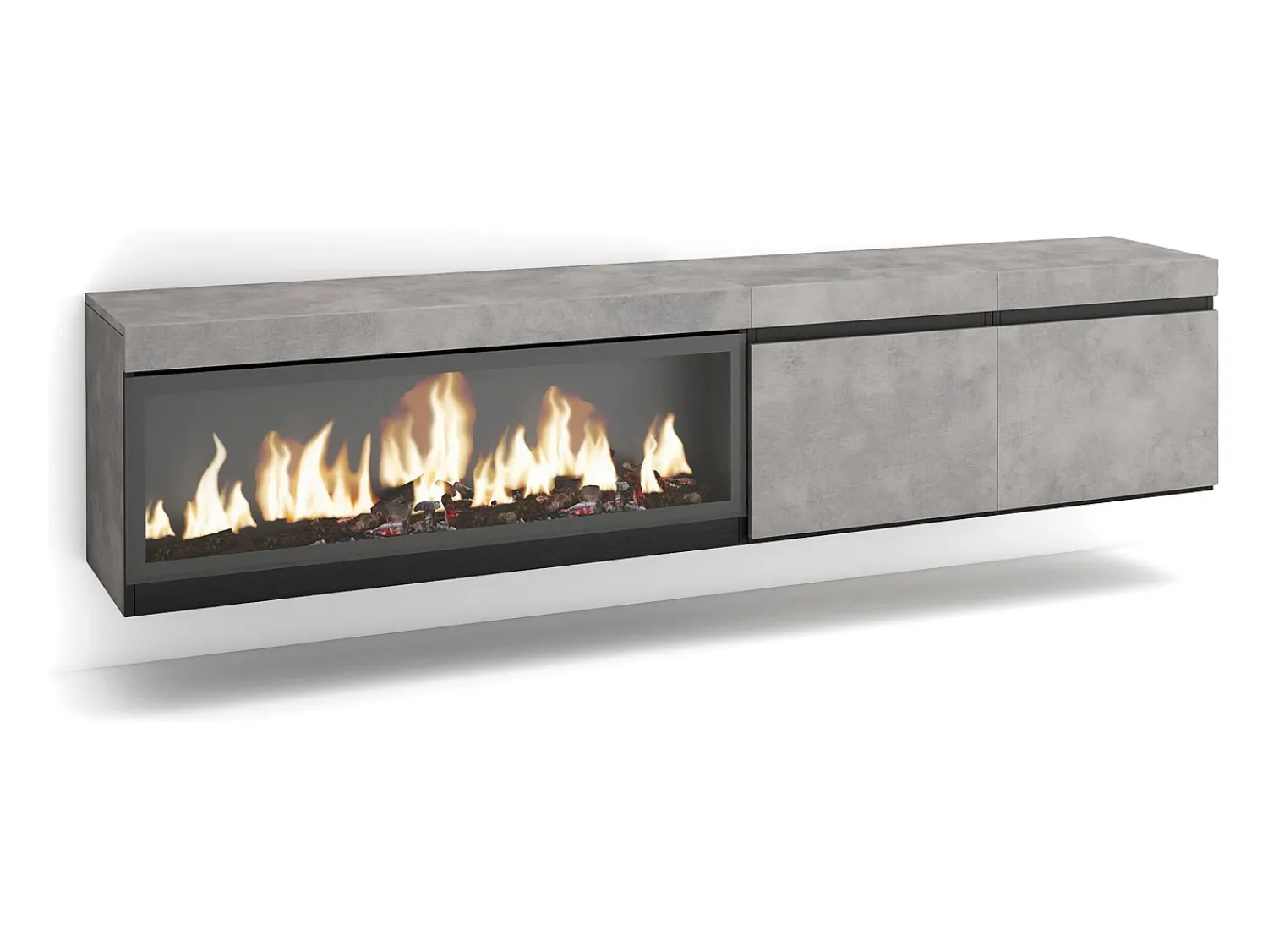 Móvel De Tv|Skraut Home Móvel de TV, 208x35x45cm, Para televisores até 80", Lareira eléctrica XXL, Suspensos, Cimento Cinzento