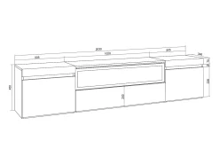 Móvel De Tv*Skraut Home Móvel de TV, 200x35x45cm, Para televisores até 80", Lareira eléctrica, Suspensos, e Carvalho soft Branco
