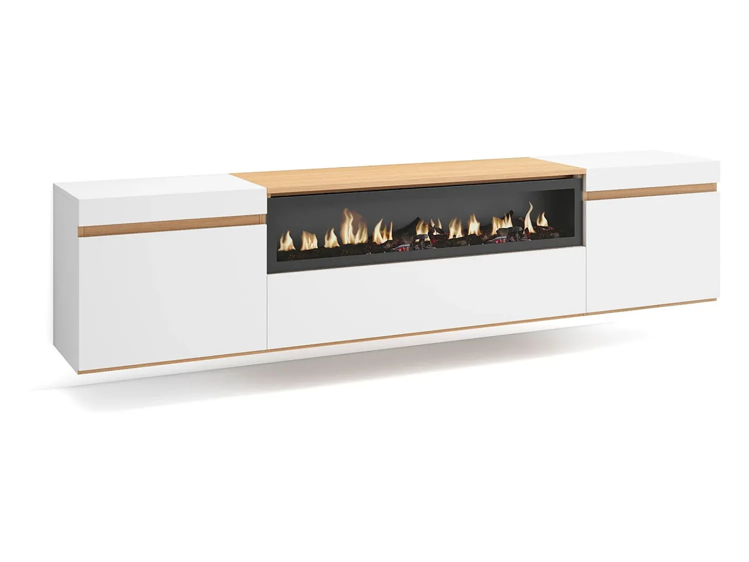 Móvel De Tv*Skraut Home Móvel de TV, 200x35x45cm, Para televisores até 80", Lareira eléctrica, Suspensos, e Carvalho soft Branco