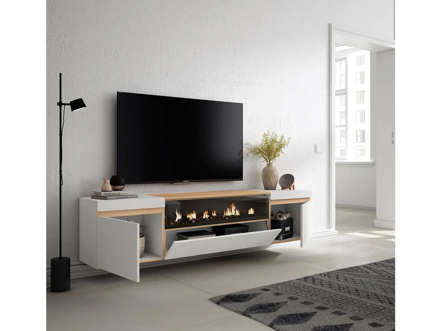 Móvel De Tv*Skraut Home Móvel de TV, 200x35x45cm, Para televisores até 80", Lareira eléctrica, Suspensos, e Carvalho soft Branco