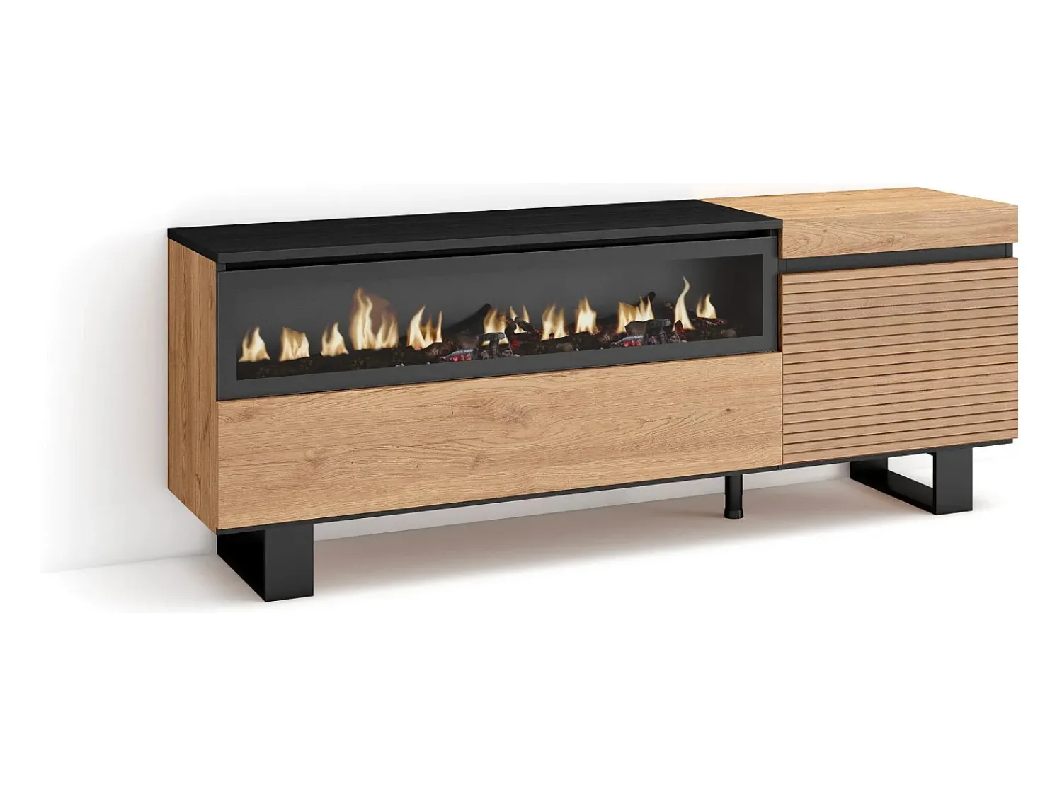 Móvel De Tv*Skraut Home Móvel de TV, 150x35x57cm, Para televisores até 65", Lareira eléctrica, Design industrial, Carvahlo Natural claro